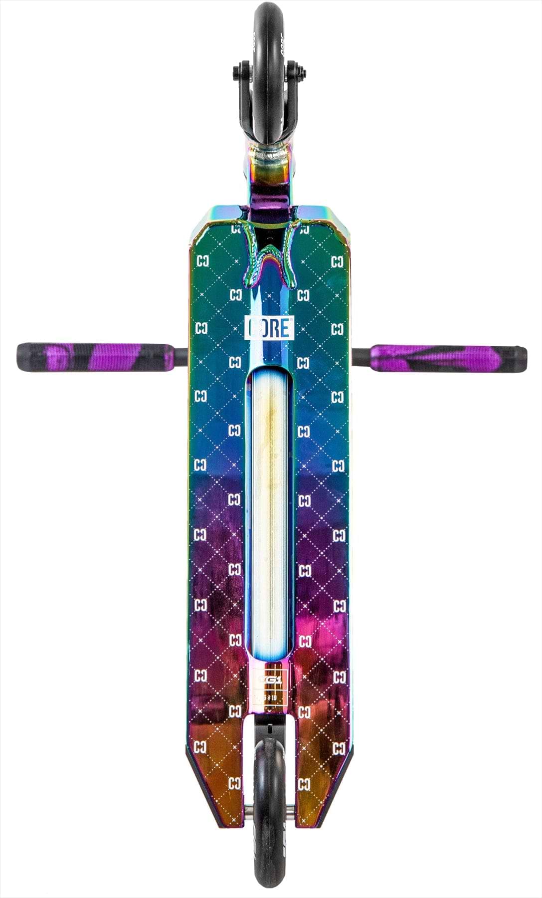 Top-down view of the CORE CG1 Complete Stunt Scooter by CORE in Neochrome/Black, featuring a colorful gradient deck, black handlebars, and black wheels. Ideal for beginners wanting standout style.