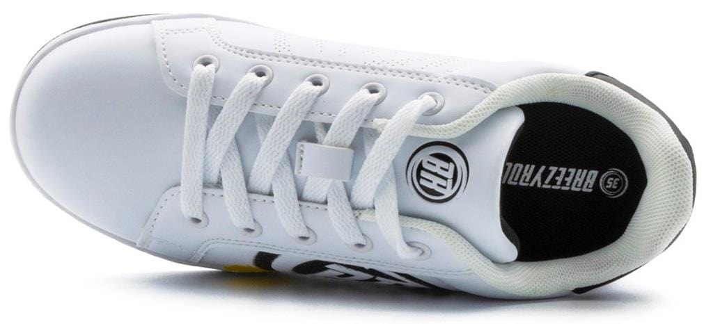 A top view of the Breezy Rollers Splash Shoes in White/Black/Multicoloured shows white laces, a padded collar, and a black insole with branding. Subtle stitching and Breezy Rollers' patented wheel system offer true wheeled shoe comfort.