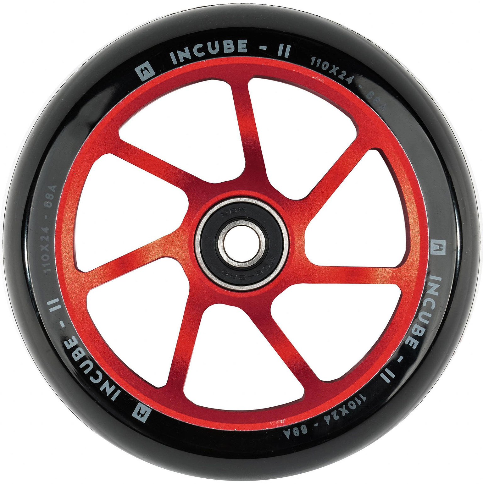 Ethic’s Incube V2 110mm Stunt Scooter Wheel in red features bold red and black styling with “INCUBE-II” and the specifications “110x24 - 88A” printed along the edge. This wheel includes a central bearing and eight slim red spokes, combining durability with striking design.