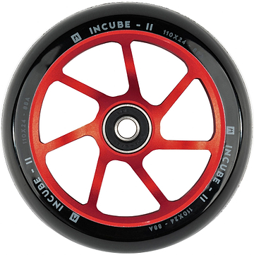 Ethic’s Incube V2 110mm Stunt Scooter Wheel in red features bold red and black styling with “INCUBE-II” and the specifications “110x24 - 88A” printed along the edge. This wheel includes a central bearing and eight slim red spokes, combining durability with striking design.