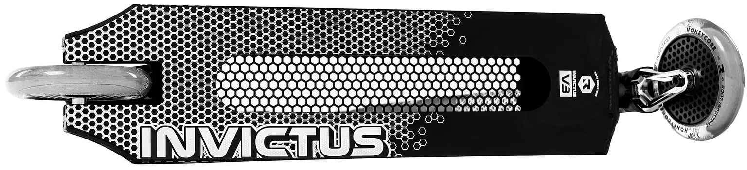 Top-down view of the Root Industries Invictus V3 Complete Stunt Scooter - Black Mirror, featuring a honeycomb pattern deck with bold "INVICTUS" lettering and visible front and rear wheels.