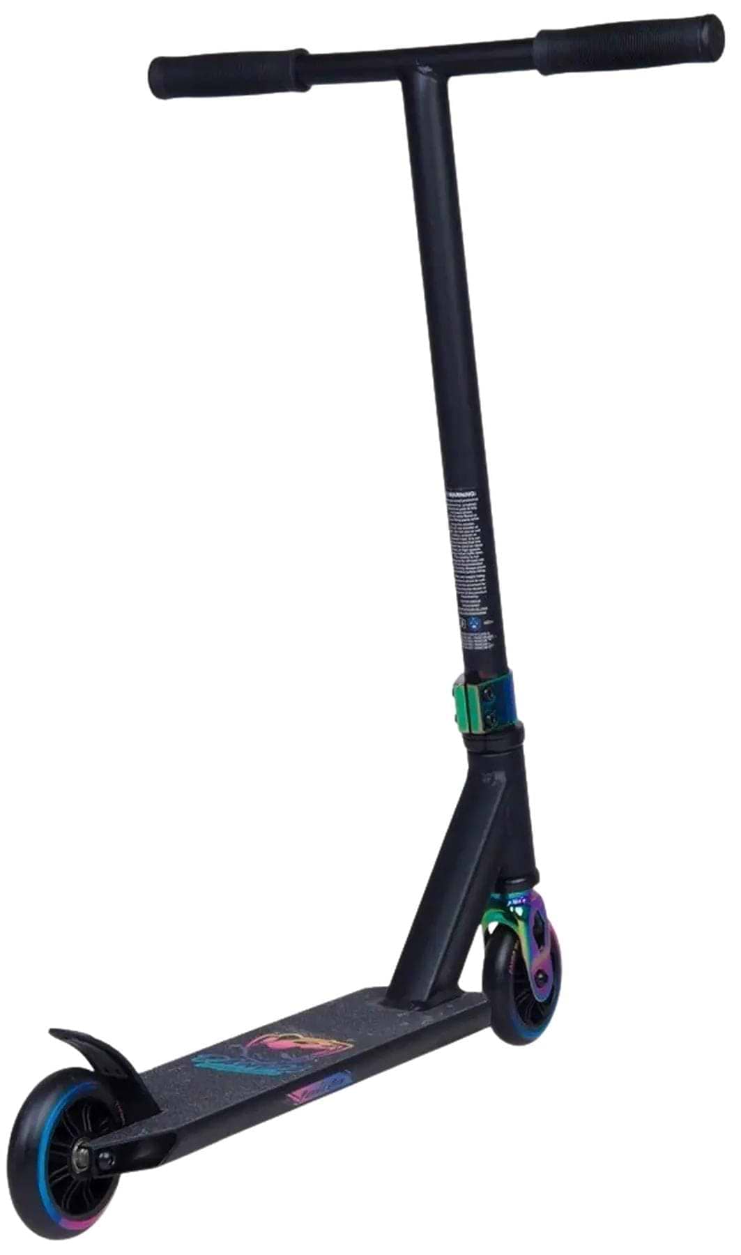 The Panda Cub Complete Stunt Scooter by Panda features a black frame, rainbow neochrome accents on the wheels and clamp, T-shaped handlebar, and two small wheels—perfect for young riders. Shown on a plain white background.