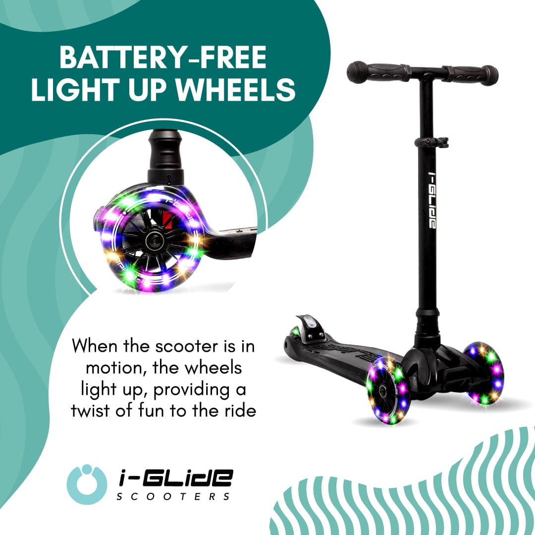 Promotional image for the I-Glide 3-Wheel LED Kids Scooter - Black, showcasing its sleek design and battery-free light-up wheels. The text emphasizes the fun of watching these dazzling wheels in motion. The background features abstract teal and white wave patterns, enhancing its vibrant appearance.