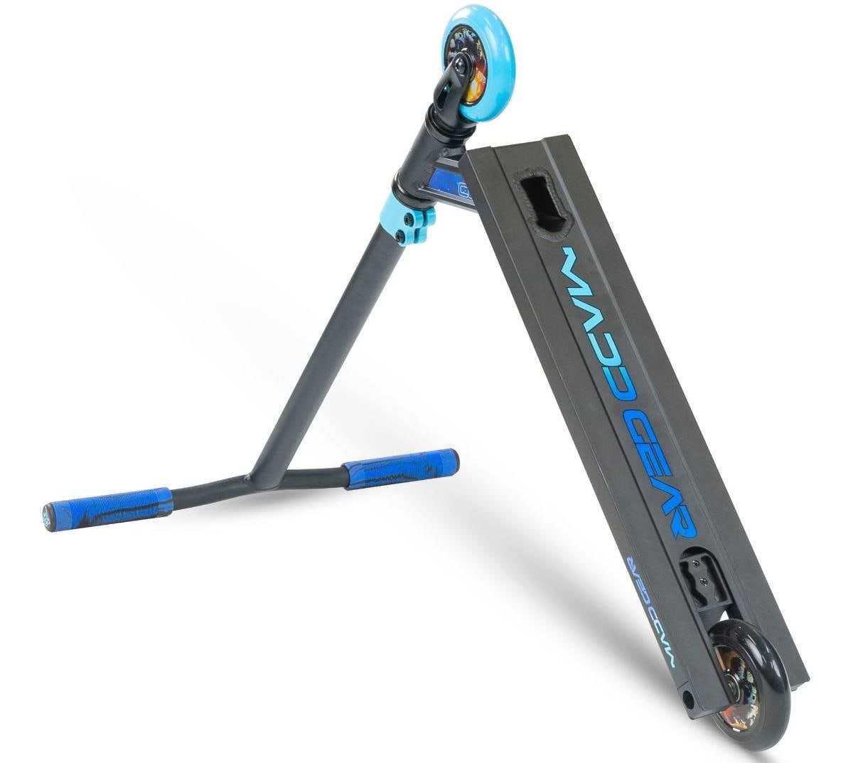 The Madd Gear MG 2 Obsidian Complete Stunt Scooter - Horizon features blue handlebar grips, blue wheels, and a "MADD GEAR" deck—ideal for kids who love doing stunts. Brand: Madd Gear (MGP).