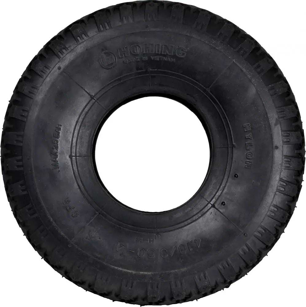 The Hohing Mini BMX Replacement Tire - Black features a deep tread pattern suitable for mini BMXs or small equipment. The brand name, "Hohing," and specifics are visible on the sidewall, set against a white background that emphasizes its round shape and detailed design.
