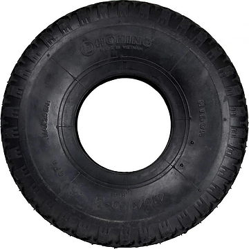 The Hohing Mini BMX Replacement Tire - Black features a deep tread pattern suitable for mini BMXs or small equipment. The brand name, "Hohing," and specifics are visible on the sidewall, set against a white background that emphasizes its round shape and detailed design.