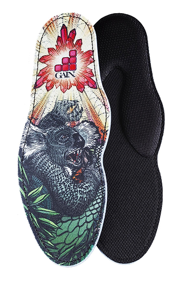 The GAIN Protection SoleBros Insoles - Dropbear are ideal for BMX and MTB enthusiasts. One insole features a vibrant crowned, roaring koala surrounded by leaves and a red flower, while the other is solid black for a more understated look.