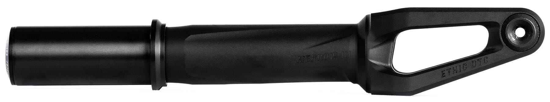 The Ethic DTC Merrow V3 8/12STD IHC Stunt Scooter Fork in black features a lightweight, cylindrical design with a hollow axle mount and cutout detail on one side, as shown in a side view against a white background.