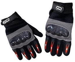 The Revvi Long Finger Tech Kids Bike Knuckle Protection Gloves in black feature padded GO-SHOCK palms, reinforced knuckles, and red accents—perfect for motorcycling or biking, and ideal for smaller hands.