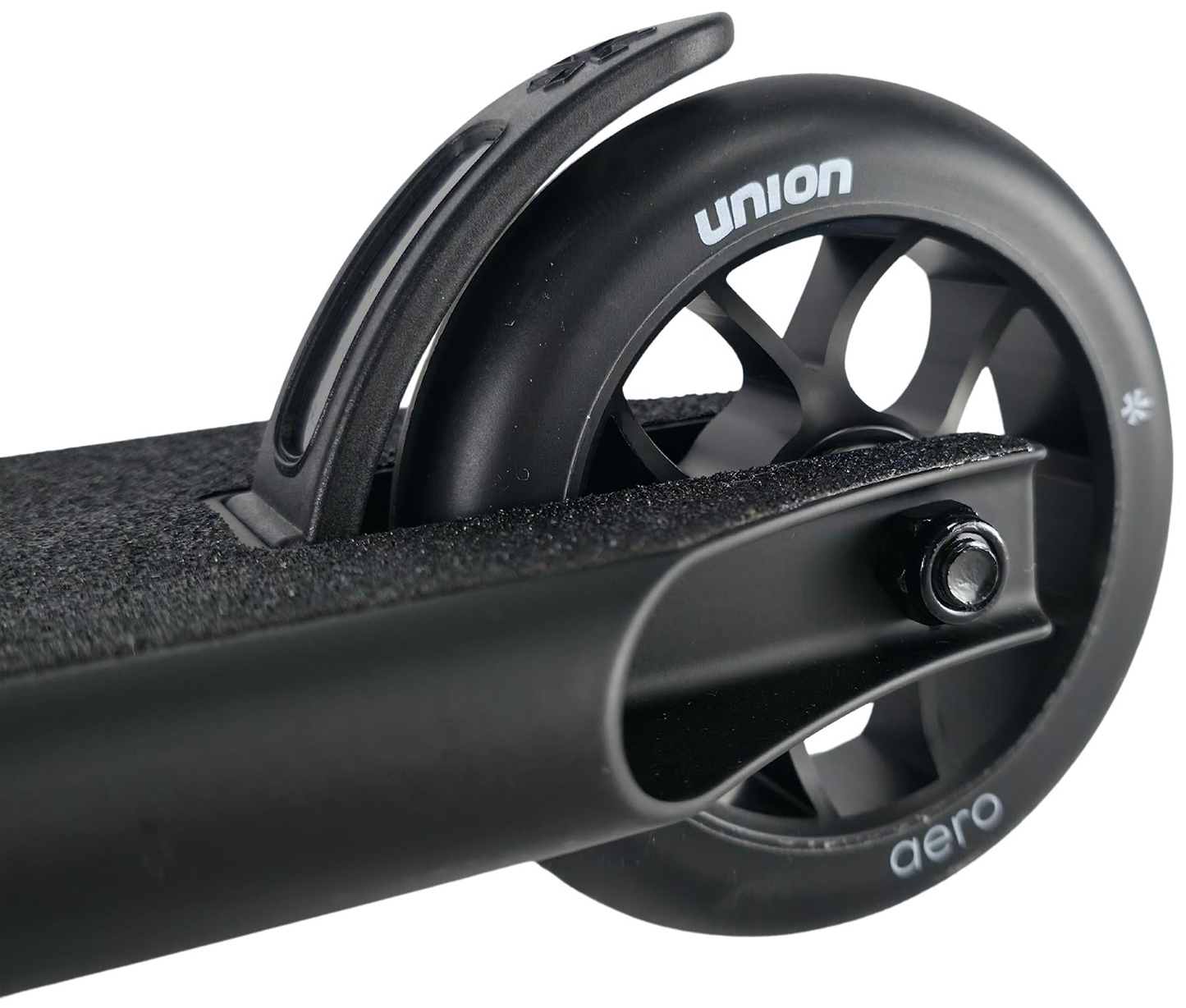 Close-up of the rear wheel on the Union Aero Complete Stunt Scooter - Black by Union, featuring the "Union aero" label, foot brake above it, and visible textured scooter deck.