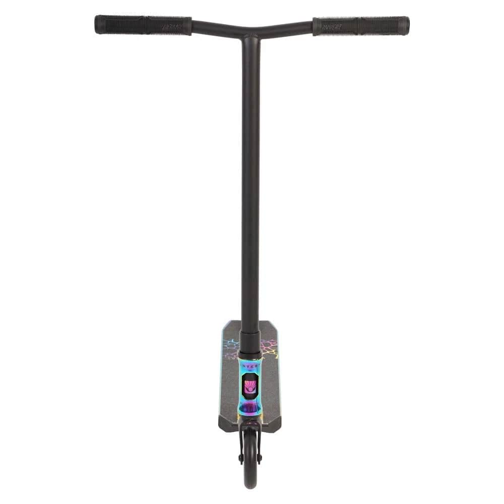 Front view of the Invert Supreme 2.5-8-13 Complete Stunt Scooter in Neochrome/Black, featuring a T-shaped handlebar, black grips, and an aluminium deck with holographic graphics. Perfect for intermediate riders, from brand Invert.