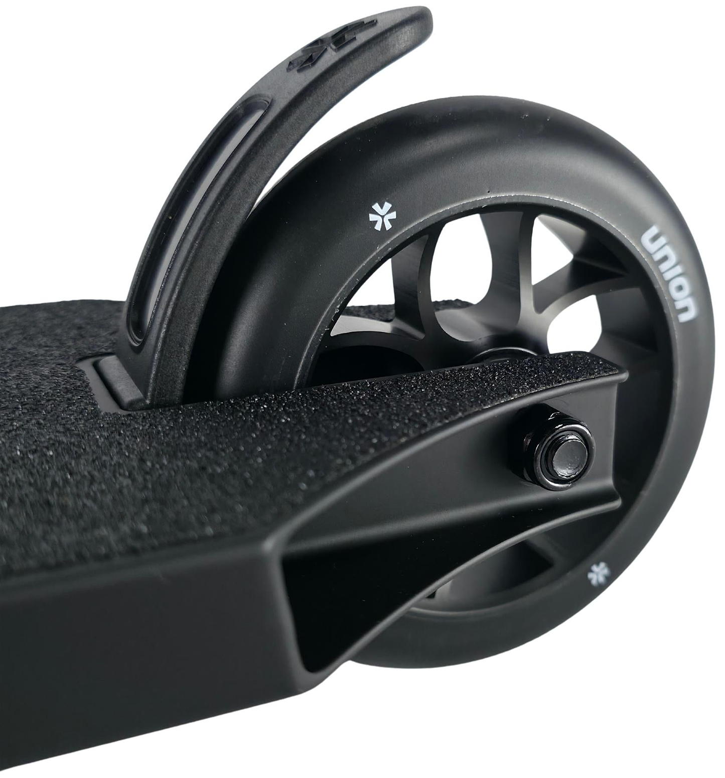 Close-up of the Union Dot Complete Stunt Scooter - Black by Union, highlighting the rear wheel with "Union" branding, foot brake, textured deck, and spoked black wheel.