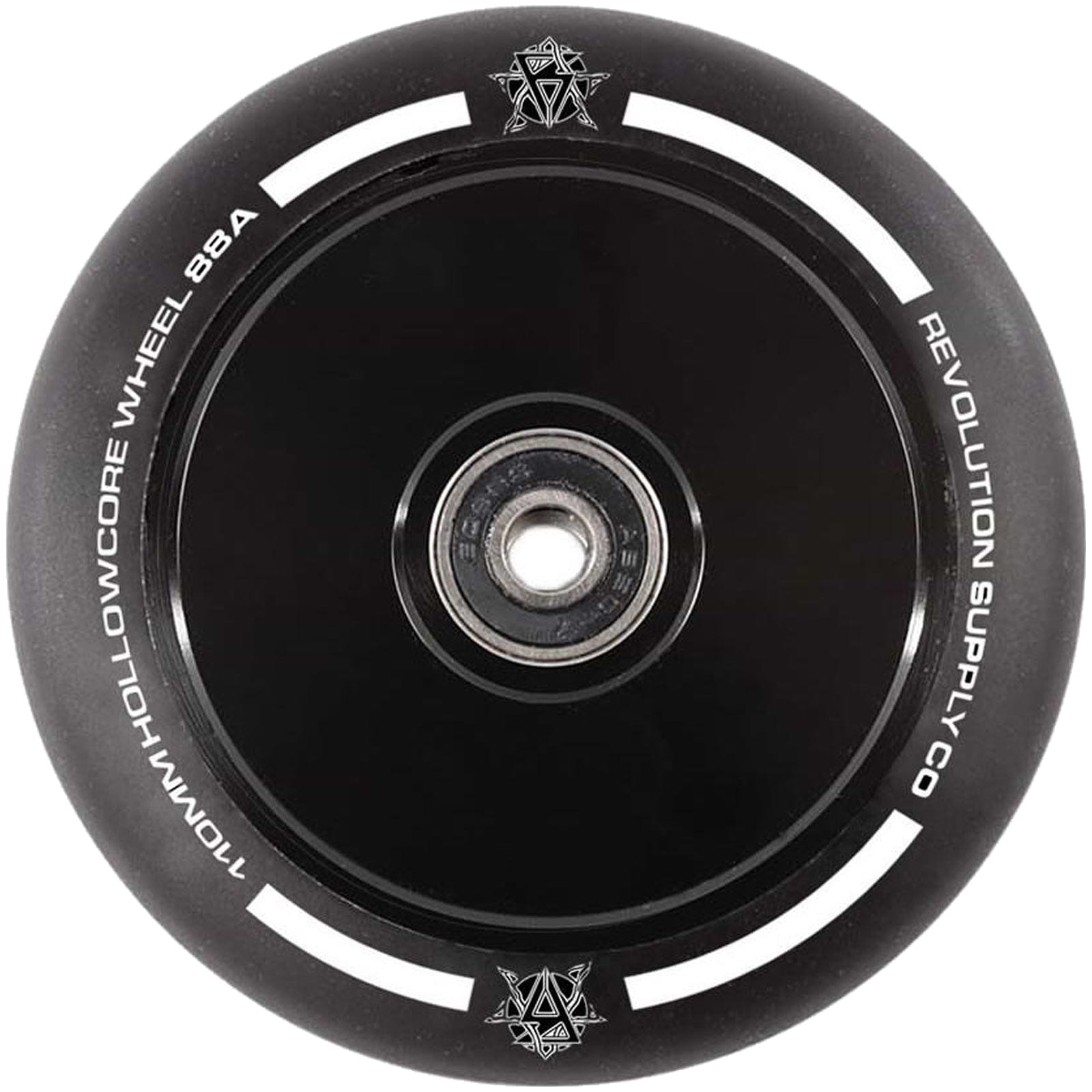 Close-up of the Revolution Hollowcore 110mm Stunt Scooter Wheel in black, featuring white text "110MM HOLLOWCORE WHEEL 88A" and "REVOLUTION SUPPLY CO." around the edge. This wheel, crafted by Revolution, showcases a minimalist design with a central hub and subtle decorative logos, making it ideal for premium scooter wheels.