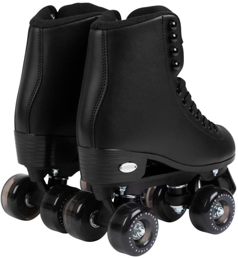 A pair of Rookie Classic 78 Quad Roller Skates - Black by Rookie, featuring high ankle support, black wheels, and black laces, displayed side by side on a white background.