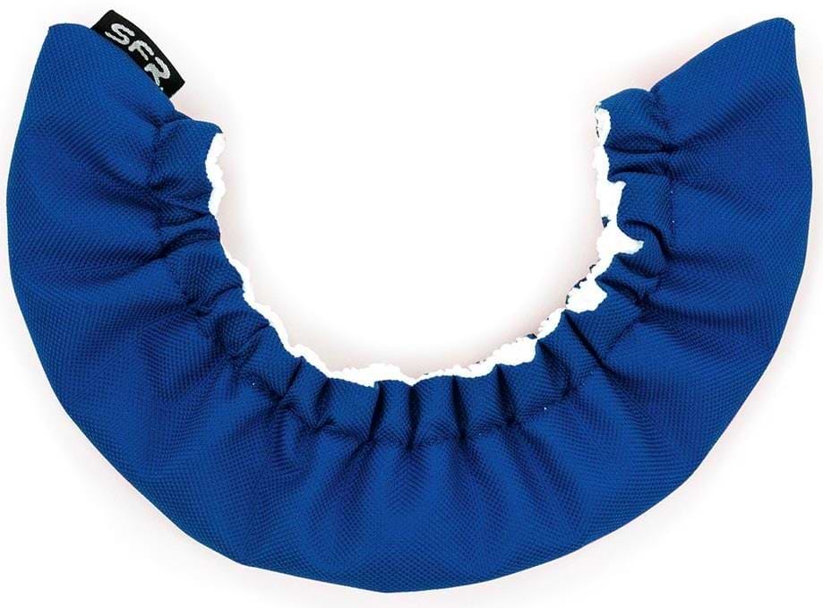 The SFR Ice Skate Blade Soakers in blue are fabric sleeves with elastic edges for covering ice skate blades. They feature absorbent microfiber for moisture protection, gathered material along the inner curve, and a small black tag with white text.