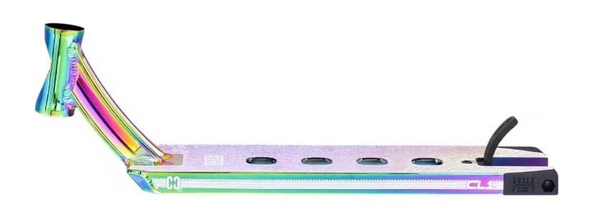 A close-up of the CORE CL1 Neochrome Stunt Scooter Deck showcases its vibrant metallic rainbow finish, perfect for stunt scooters. This deck features a cutout design on the surface and an integrated rear brake, making it ideal for those seeking a park-orientated option. Measuring 5" x 19", this product is brought to you by CORE.