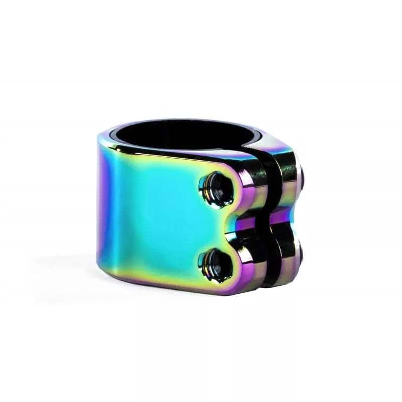 The Ethic DTC Valkyria 2 Bolt Oversized Stunt Scooter Clamp in Neochrome is a sleek cylindrical clamp crafted from 6061 aluminum, featuring an eye-catching reflective rainbow gradient finish. It is designed with two bolts and resembles the Ethic DTC Valkyria Scooter clamp, making it ideal for securely fastening parts in mechanical or industrial applications.