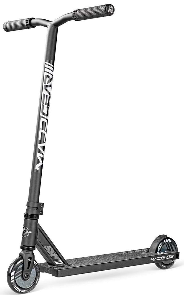 The Madd Gear MG 3 Zen Complete Stunt Scooter in Black/Black features wide handlebars, black grips, two small wheels, and "MADD GEAR" branding on the stem and deck for lightweight handling and pro-level tricks.