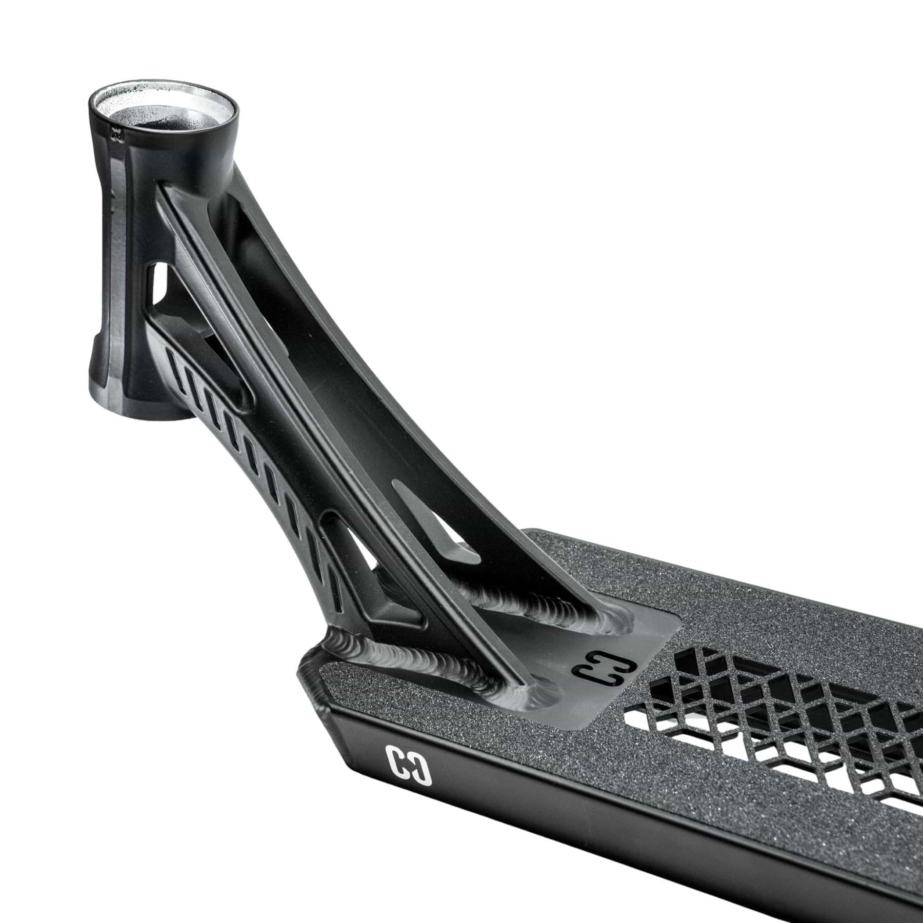 Close-up of the CORE SL3 Forged Black Stunt Scooter Deck (5.25" x 19.3"/20.5") by CORE, featuring a textured grip surface, geometric cutout design, and sleek angular headtube and neck.