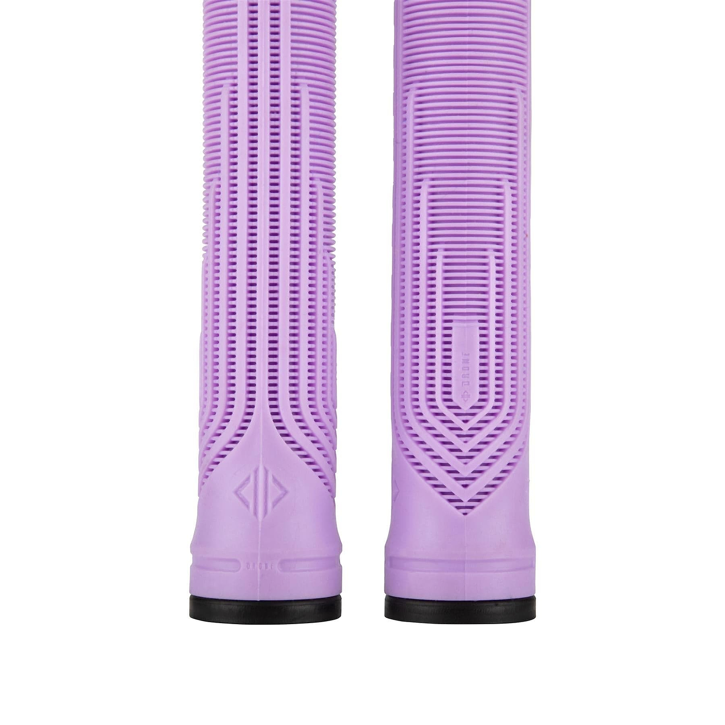 Presenting the Drone Acolyte Lilac Stunt Scooter Grips by Drone: 180mm purple rubber grips with black ends that feature a futuristic pattern for style, made from Comfort Max silicone for superior grip and comfort. Perfect blend of style and functionality.