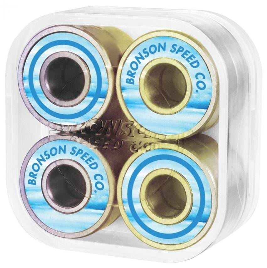 The Bronson Speed Co. Chris Cookie Colbourn Pro G3 Skateboard Bearings come in an 8-pack, held in a clear case with blue and gold accents, showcasing the quality favored by skaters like Chris Cookie Colbourn.