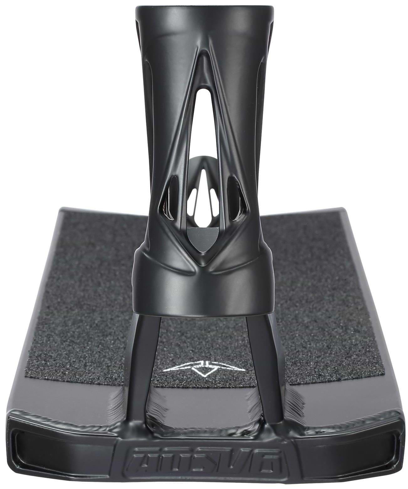 A close-up of a black snowboard binding mounted on a board, featuring a textured footpad and modern highback—crafted with the same precision as the Blunt Envy AOS V6 Squad Black Stunt Scooter Deck by Blunt Envy (6" x 22").
