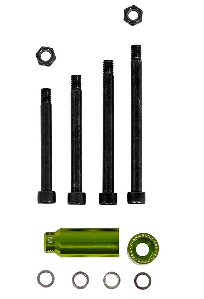 The Slamm Cylinder Stunt Scooter Pegs - Green by Slamm come with four black bolts, two hex nuts, four washers, a green M5-marked cylinder, and a green washer—perfect components arranged on a white background for stunt scooters.