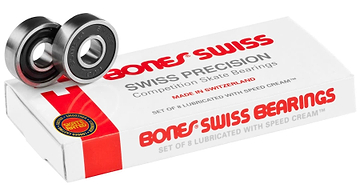 The Bones Swiss Skateboard Bearings - 8 Pack, by Bones, features a high-end design with two bearings on top. The white box with red accents indicates it holds 8 Skate Rated bearings, lubricated with Speed Cream and expertly crafted in Switzerland.