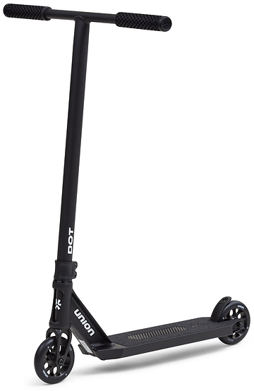 The Union Dot Complete Stunt Scooter - Black features a lightweight frame, two small wheels, straight handlebar with textured grips, and "DOT" and "UNION" branding. The scooter is shown angled to display both the deck and handlebars.