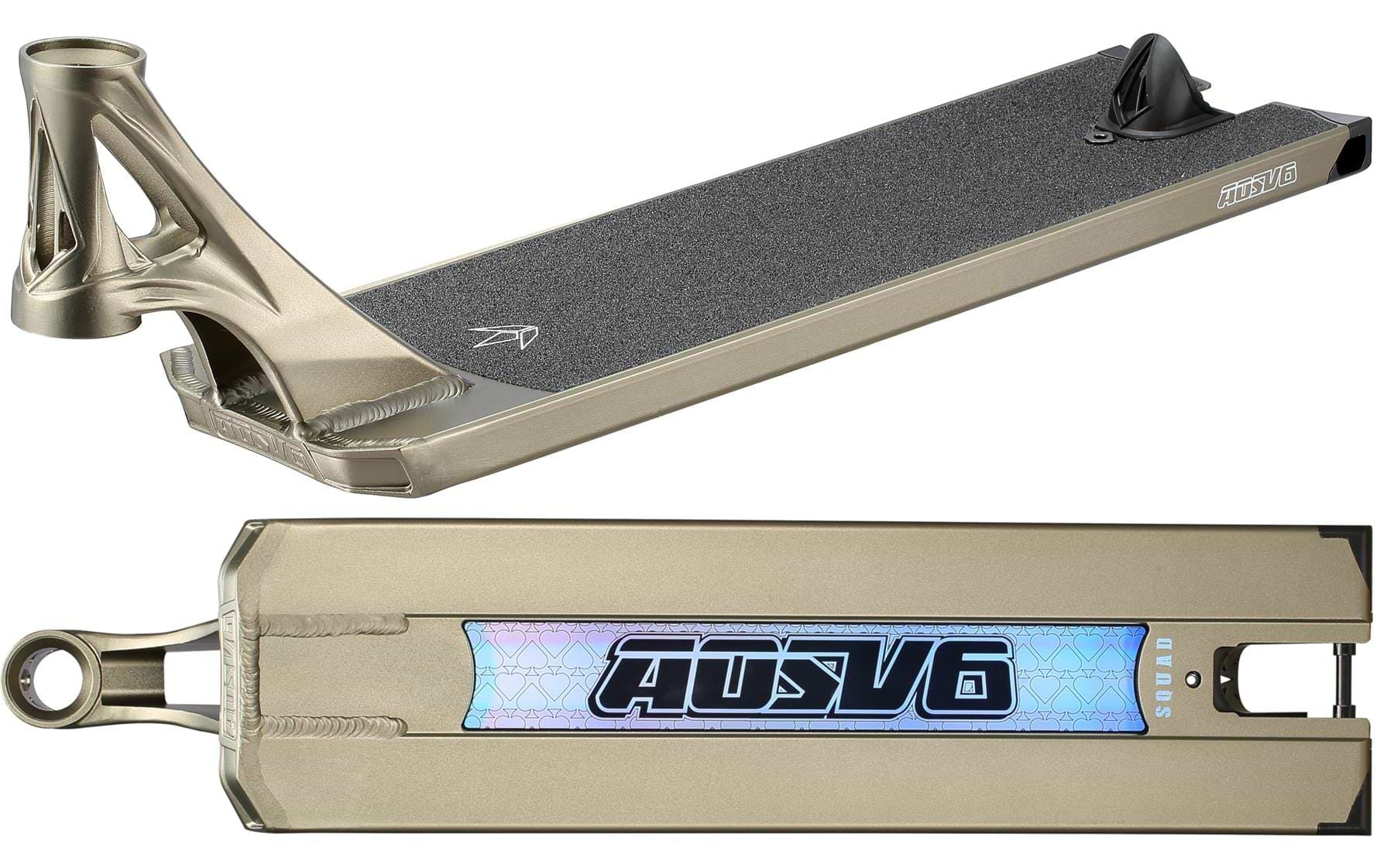 The Blunt Envy AOS V6 Squad Olive Stunt Scooter Deck (6" x 22") is shown from two angles: the top has black grip tape, while the bottom features "AOSV6" branding and a holographic detail.
