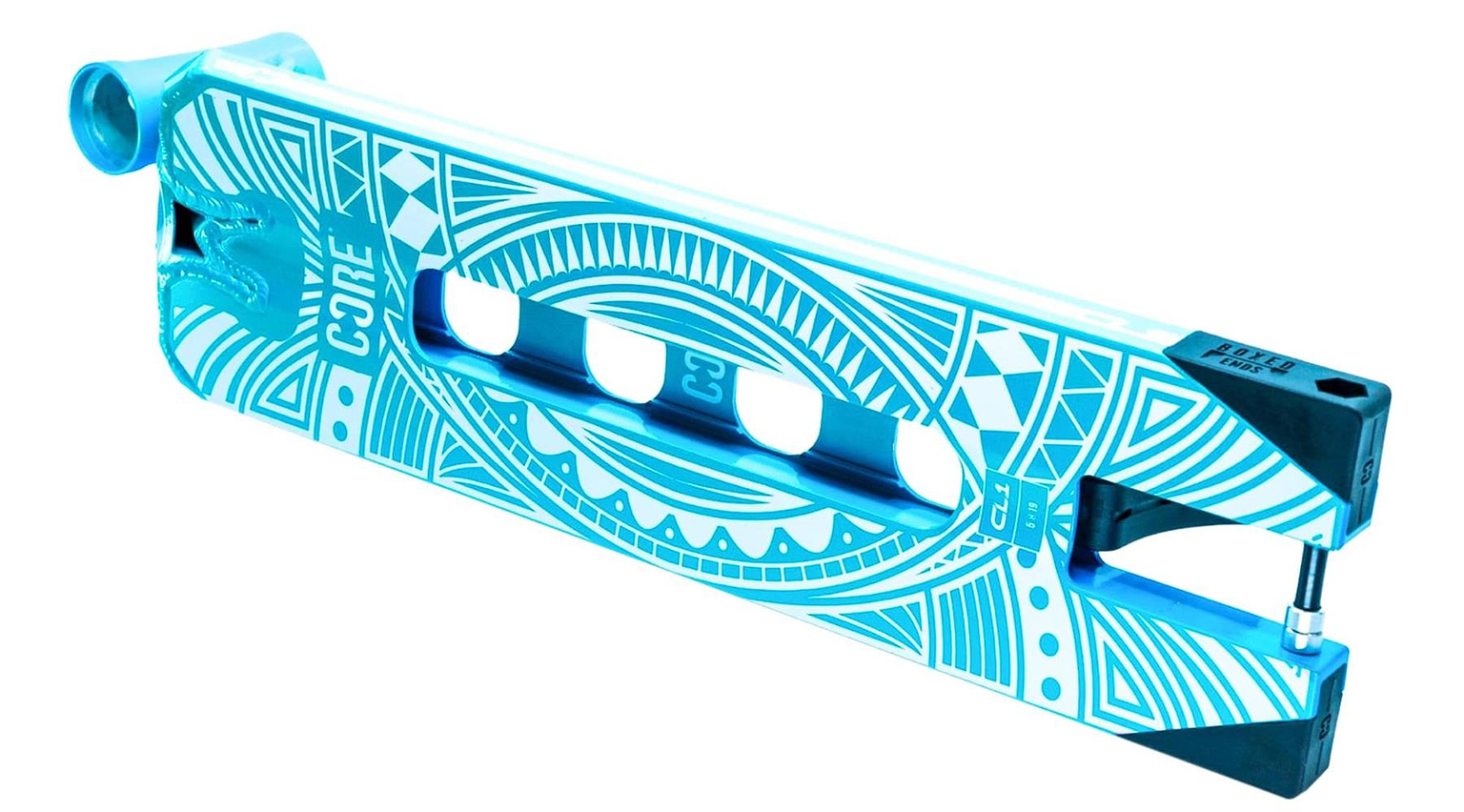 The CORE CL1 Teal "Turtlesent" Stunt Scooter Deck (5" x 19") features a turquoise and white geometric design with "CORE" branding, center cutouts, and black ends with bolts—ideal for a stylish stunt ride.