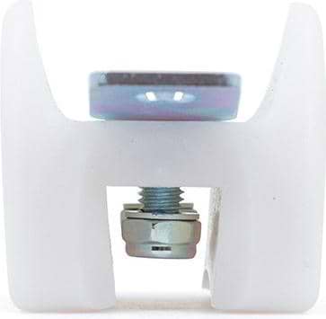 Close-up view of a white Chicks In Bowls Roller Skate Slide Block with a metal plate, secured by a bolt and nut—an essential accessory from Chicks In Bowls for customizing your roller skate or quad skate setup.