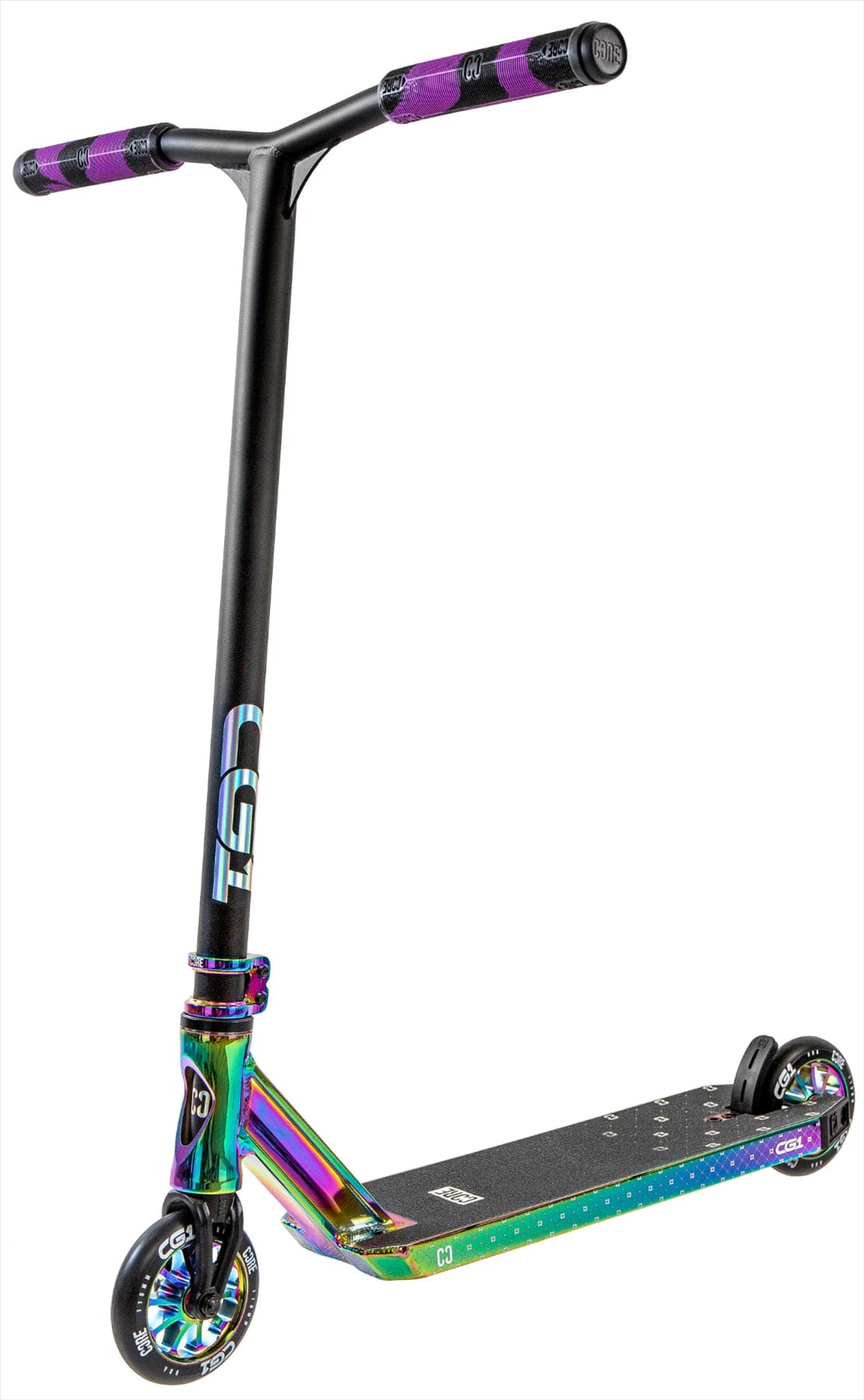 The CORE CG1 Complete Stunt Scooter by CORE features a black handlebar and deck, textured grip, and eye-catching neochrome (rainbow) hardware including the fork, neck, and wheel cores for standout style.