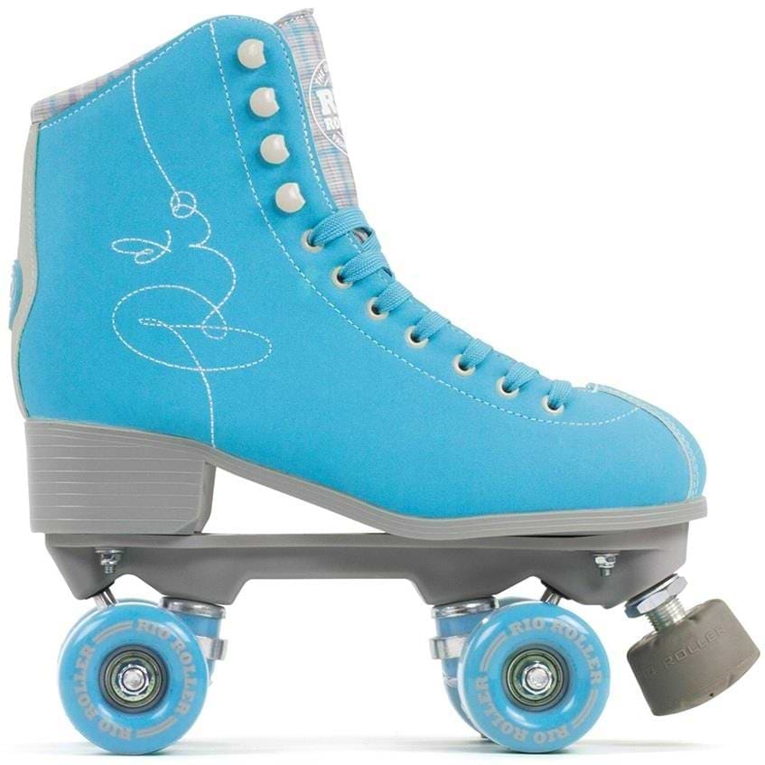 The Rio Roller Signature Quad Roller Skates in Blue by Rio Roller feature white stitching, a gray sole and heel, blue wheels, a front stopper, button details along the lace line, and an artistic swirl design. These vegan-friendly skates bring retro flair to any ride.