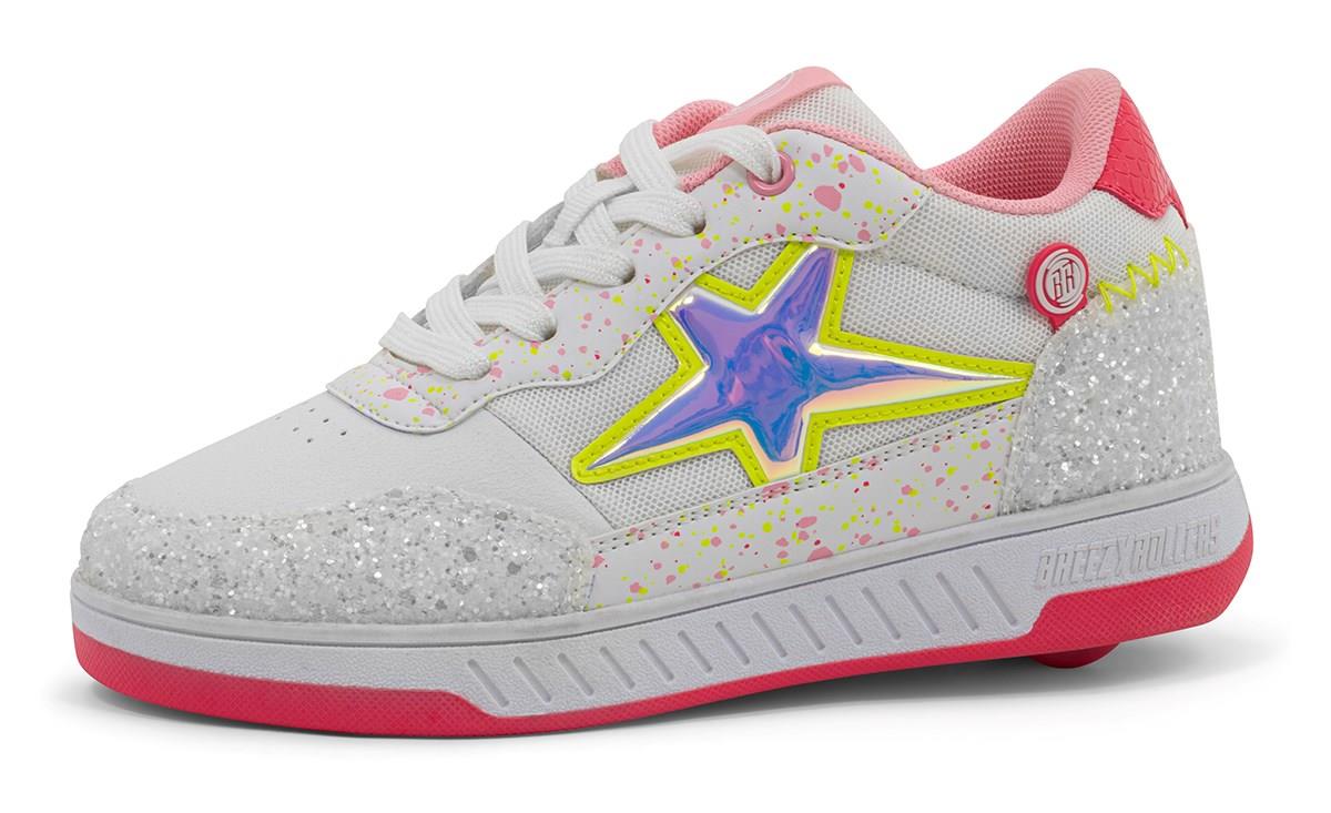 The Breezy Rollers Star Girls Shoes - Pink / Yellow feature a white design with pink laces, silver glitter accents, neon yellow and blue star details, and Breezy Rollers’ patented wheel system for fun on the go.