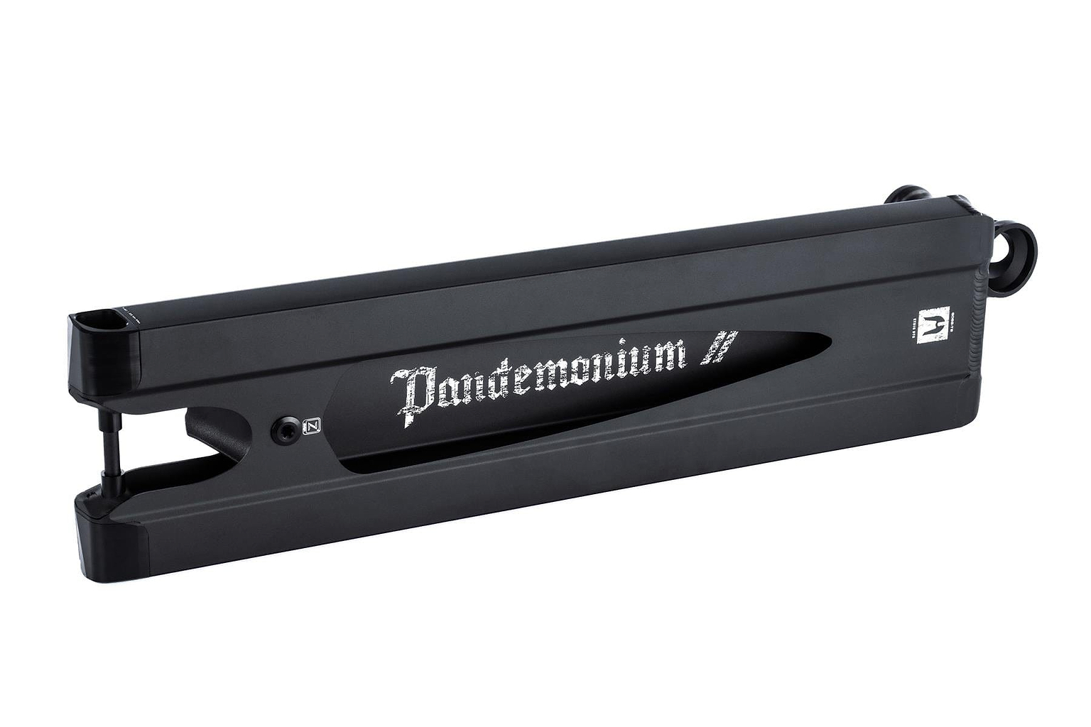 The ultra-lightweight Ethic DTC Pandemonium V2 Boxed Black Stunt Scooter Deck, measuring 5.5" x 22.8", features the word "Pandemonium" in decorative lettering on its sleek, rectangular side and includes mounting holes at each end.