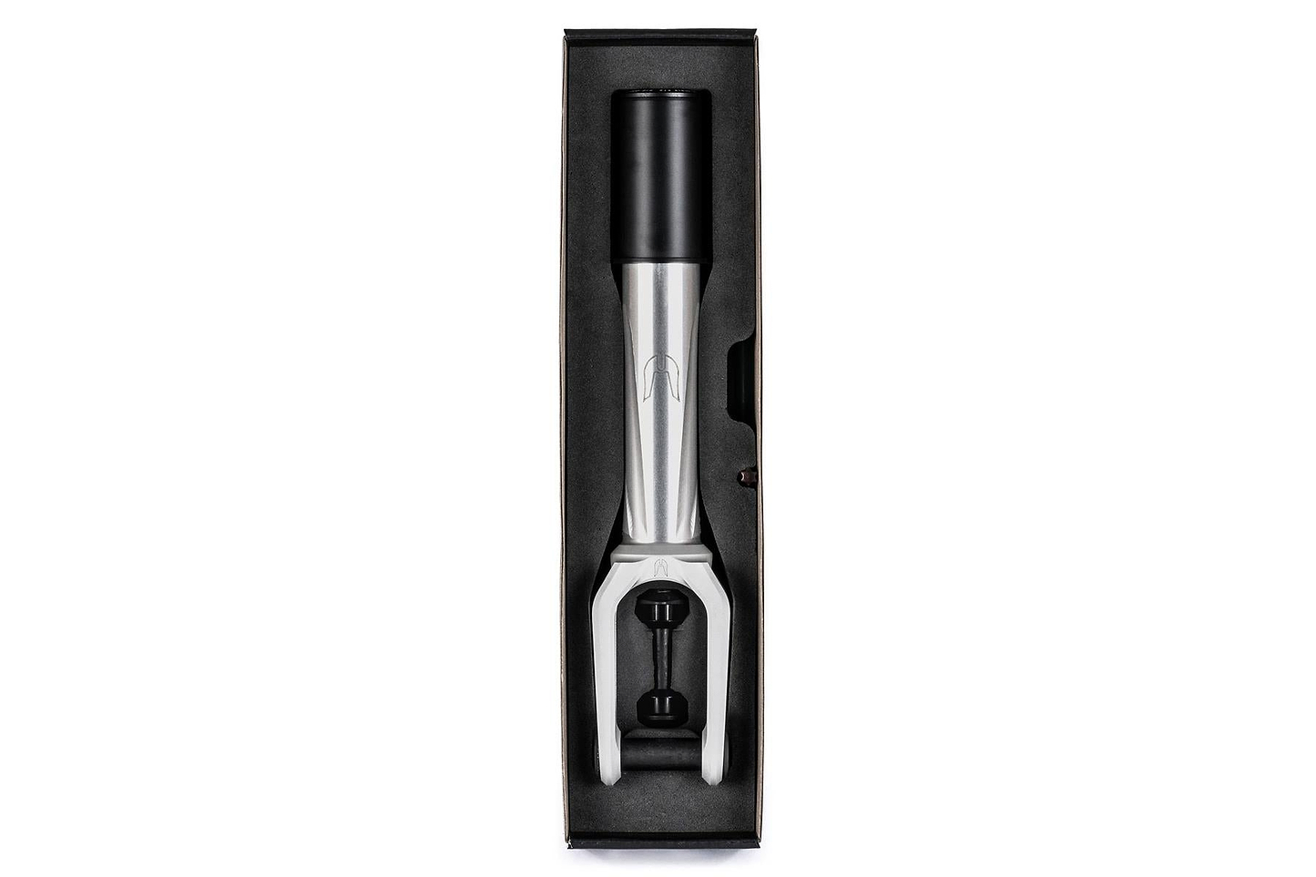 A raw Ethic DTC Merrow V3 8/12STD HIC stunt scooter fork is securely packaged in a black rectangular box with foam padding, viewed from above.
