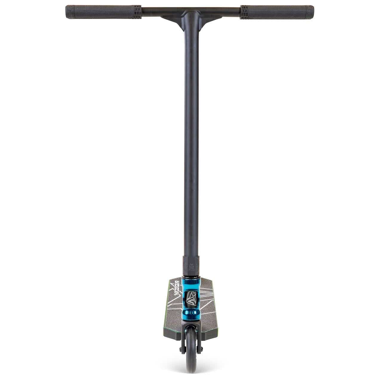 Front view of the Madd Gear MG 6 Kinetic Complete Stunt Scooter by MGP in Neochrome/Black, featuring a T-bar handle, high-speed front wheel bearings, and an aluminium deck with blue and white graphics.