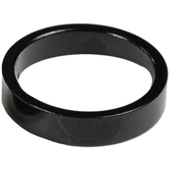 A sleek Universal Scooter Headset Spacer in glossy black is displayed, featuring a circular design with a smooth surface reminiscent of an SCS clamp. It has a flat base and slightly tapered edges, making it ideal for securing your scooter's headset. This product measures 15mm in thickness and is part of the Universal brand lineup.