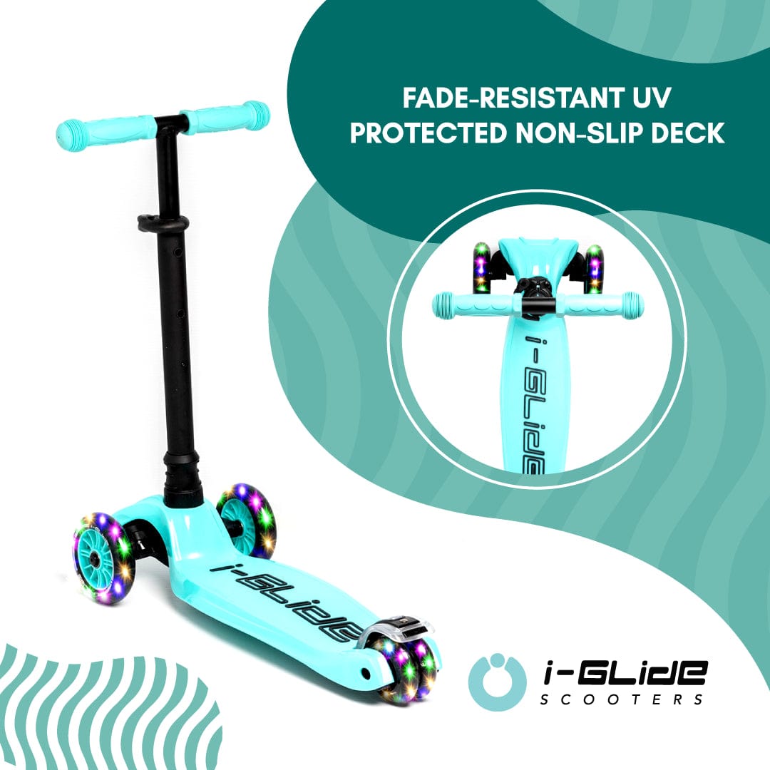 Aqua "i-Glide 3-Wheel LED Kids Scooter" featuring LED wheels and a black adjustable-height handlebar, complete with ezy-steer technology and a Fade-Resistant UV Protected Non-Slip Deck. The background showcases abstract aqua shapes.