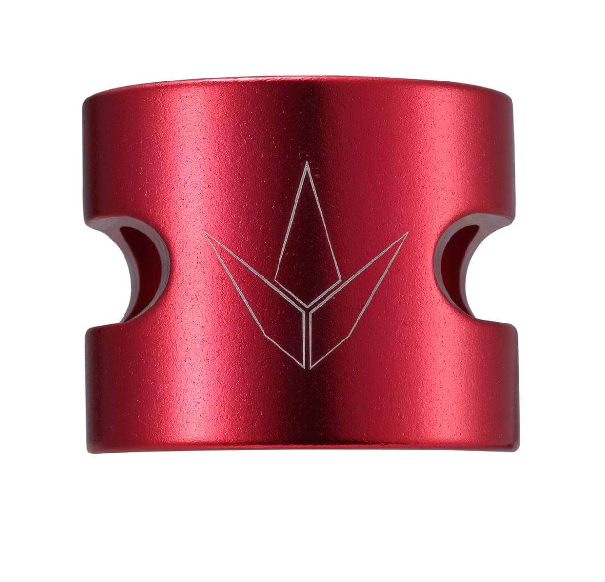 The Blunt Envy Twin Slit 2 Bolt Oversized Scooter Clamp in red is a sleek, metallic cylindrical object with a smooth finish. It features a geometric logo resembling a stylized leaf or spearhead etched on its front. This lightweight clamp includes two symmetric cutouts on the sides, making it perfect for securing parts of a stunt scooter.