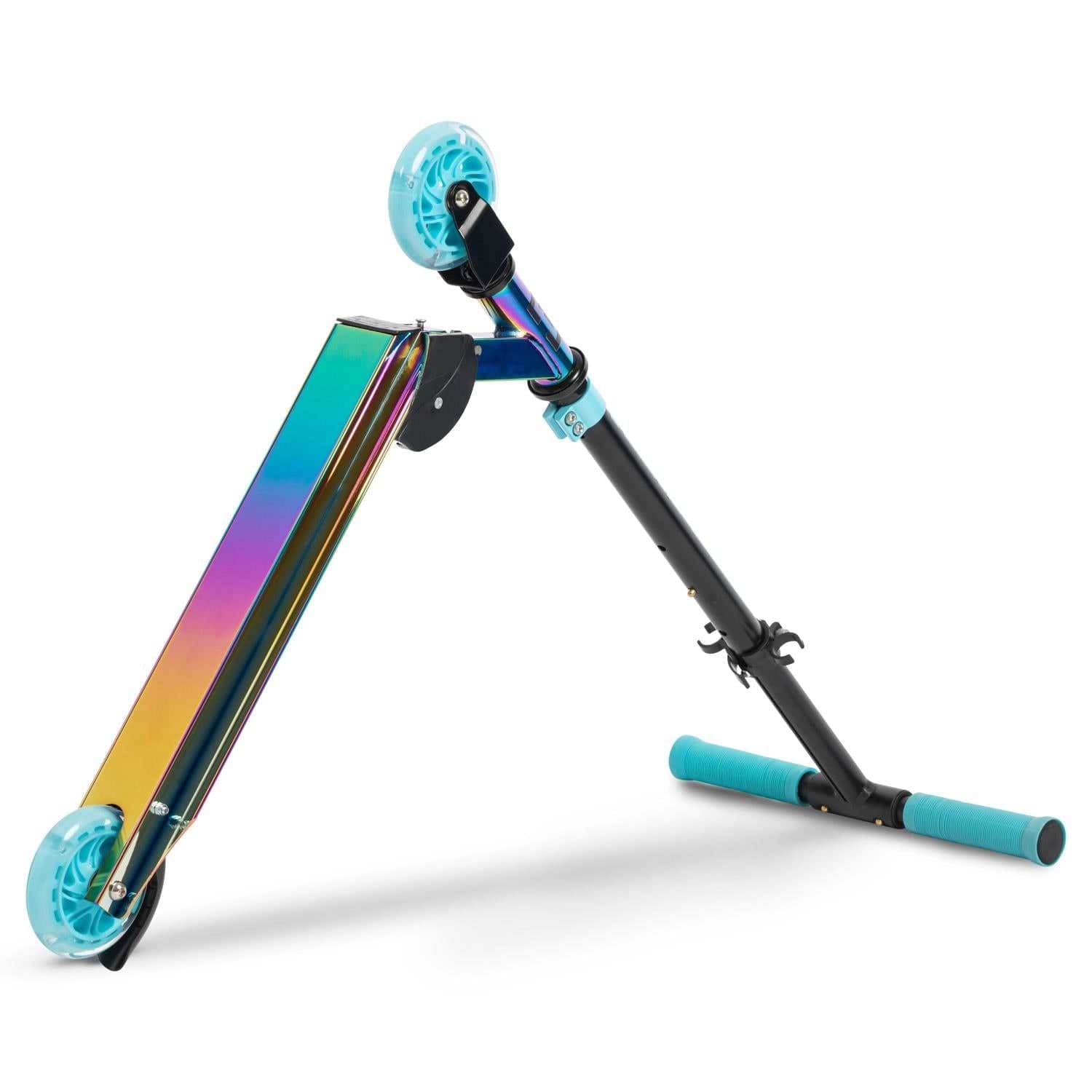 The Rampage Light Up Foldable Kick Scooter - Neochrome / Blue partially folded.