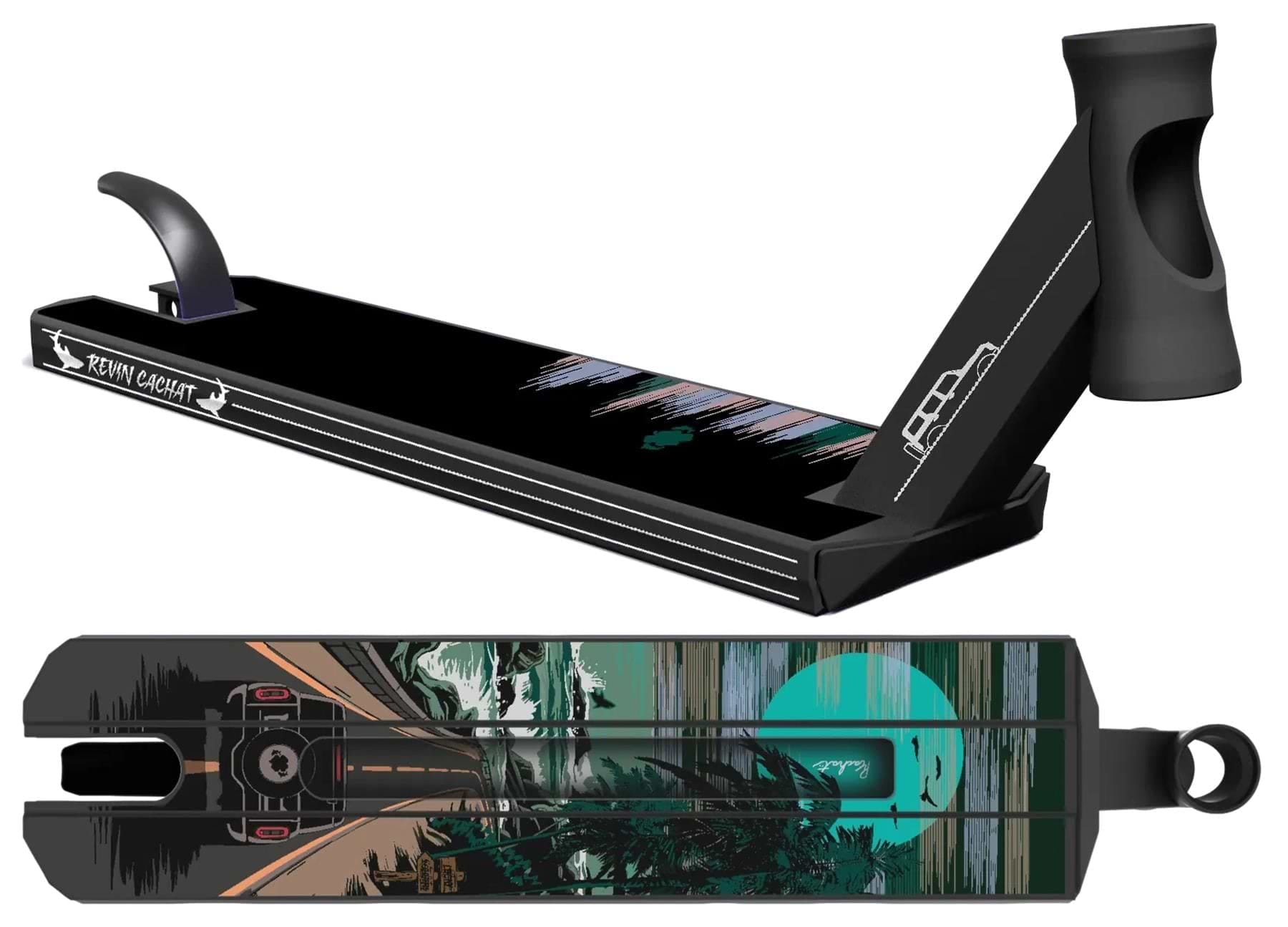 The Lucky Revin Cachat V1 Signature Stunt Scooter Deck (5" x 19.5") by Lucky is made from 6061-T6 aluminium with a black finish, featuring a detailed train graphic and "Remy Cascoit" written in white along the side.