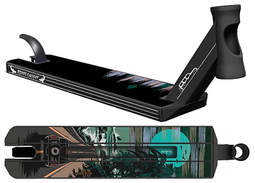 The Lucky Revin Cachat V1 Signature Stunt Scooter Deck (5" x 19.5") by Lucky is made from 6061-T6 aluminium with a black finish, featuring a detailed train graphic and "Remy Cascoit" written in white along the side.