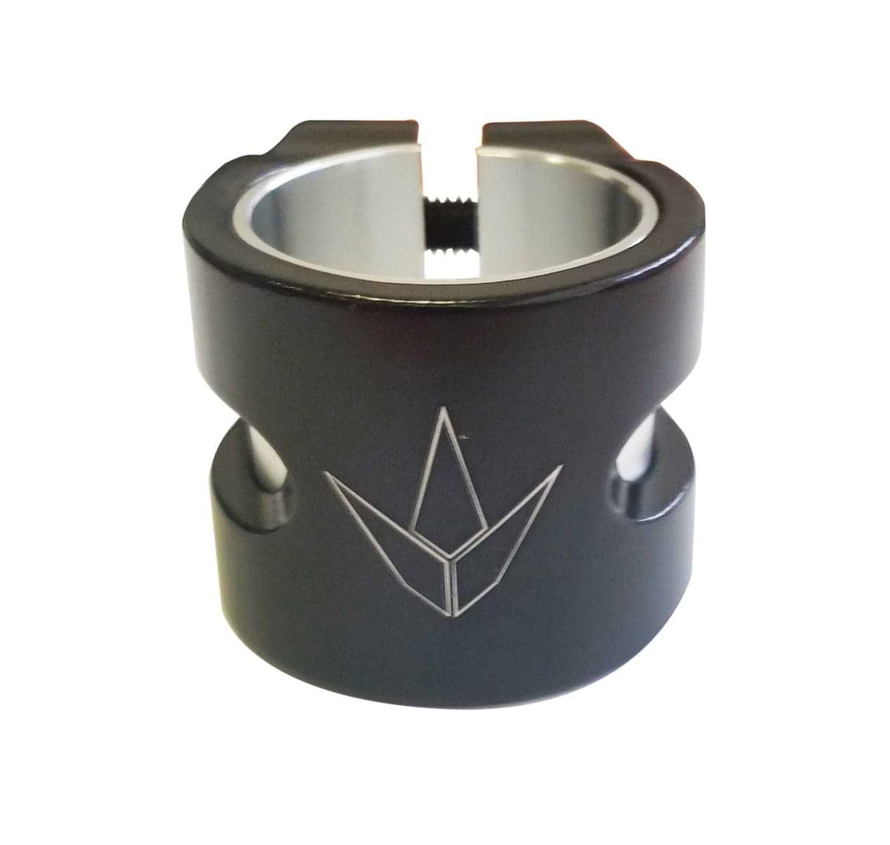 The Blunt Envy Twin Slit 2 Bolt Oversized Scooter Clamp in black is a lightweight clamp featuring a sleek cylindrical design with a threaded screw. Its silver geometric detailing on the front and smooth finish make it perfect for stylishly securing your stunt scooter.