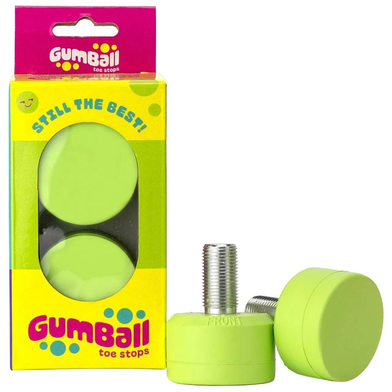 Lime green Gumball Roller Skate Long 30mm 75A Toe Stops are shown beside their yellow box, featuring colorful branding and a transparent window, highlighting their superior stopping power.