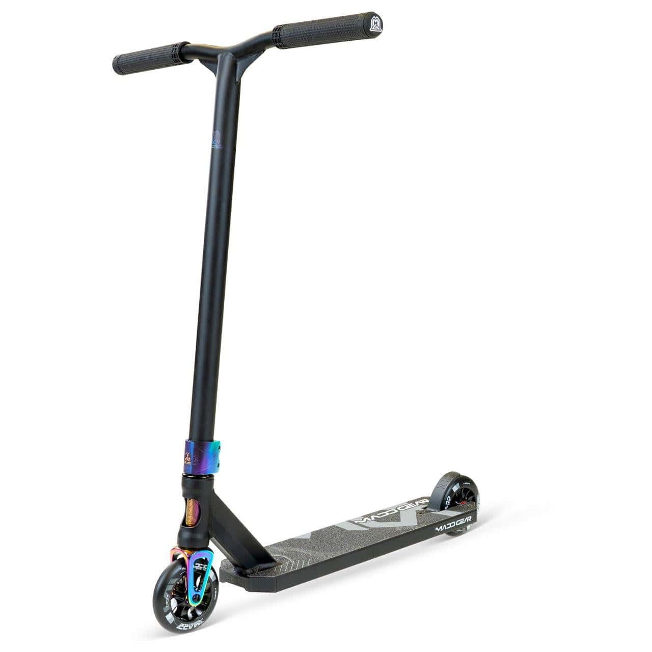 The Madd Gear MG 5 Axion Complete Stunt Scooter in Black/Neochrome features a wide handlebar, black grip tape deck, small black wheels, and a metallic neochrome front fork that highlights MGP's action sports innovation.