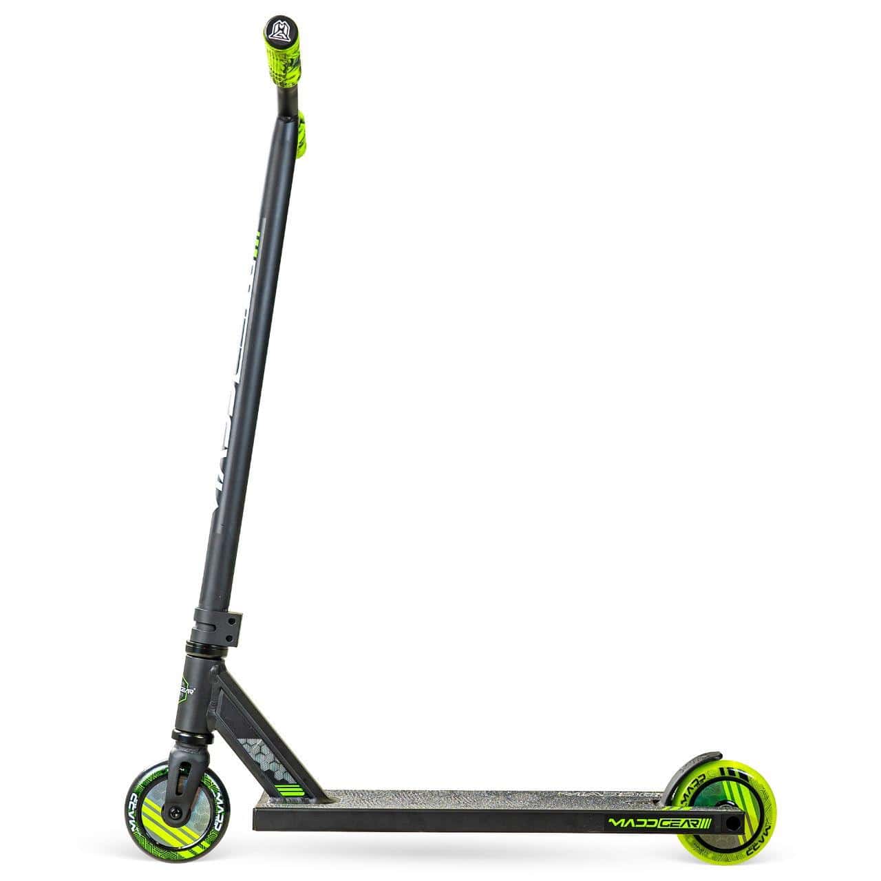 The Madd Gear (MGP) MG 3 Zen Complete Stunt Scooter in Black/Lime with a textured deck, black handlebars, and lime wheels is shown in a side view against a white background—ideal for your next adventure.