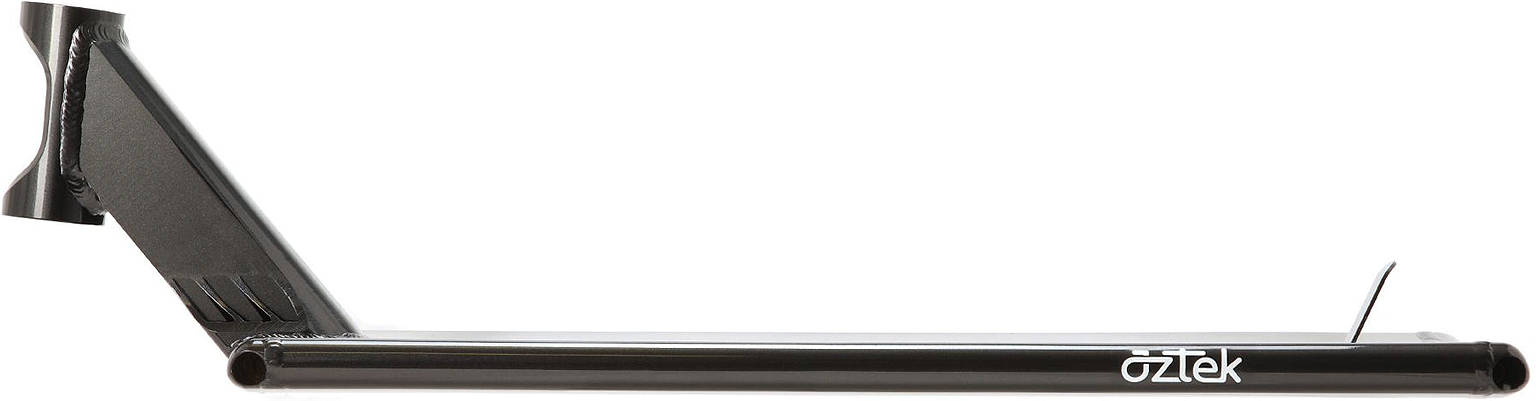 The Aztek Europa 2 Black Magic Stunt Scooter Deck - 7″ x 24″, shown from the side, features a sleek black finish with a slightly angled head tube and the white Aztek logo near the rear. Designed specifically for street riding, this durable and stylish stunt scooter deck delivers top performance for demanding riders.