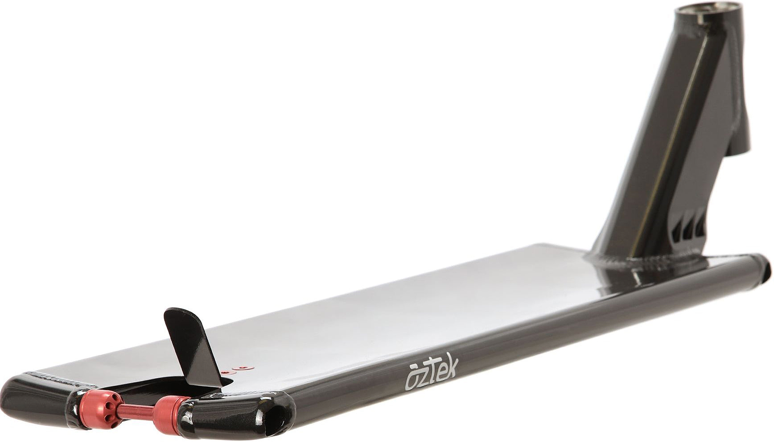 The Aztek Europa 2 Black Magic Stunt Scooter Deck – 7″ x 24″ is featured from a slight side angle on a white background, highlighting its glossy black finish, red axle hardware, and uniquely angled headtube. Crafted by Aztek, this deck is an ideal choice for street riders looking for a stylish yet high-performance option.